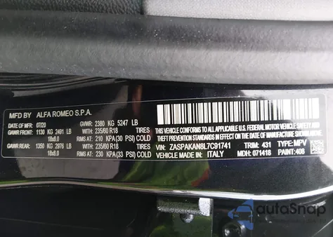 2020 Alfa Romeo Stelvio Awd z USA, uszkodzony, nr VIN ZASPAKAN8L7C91741